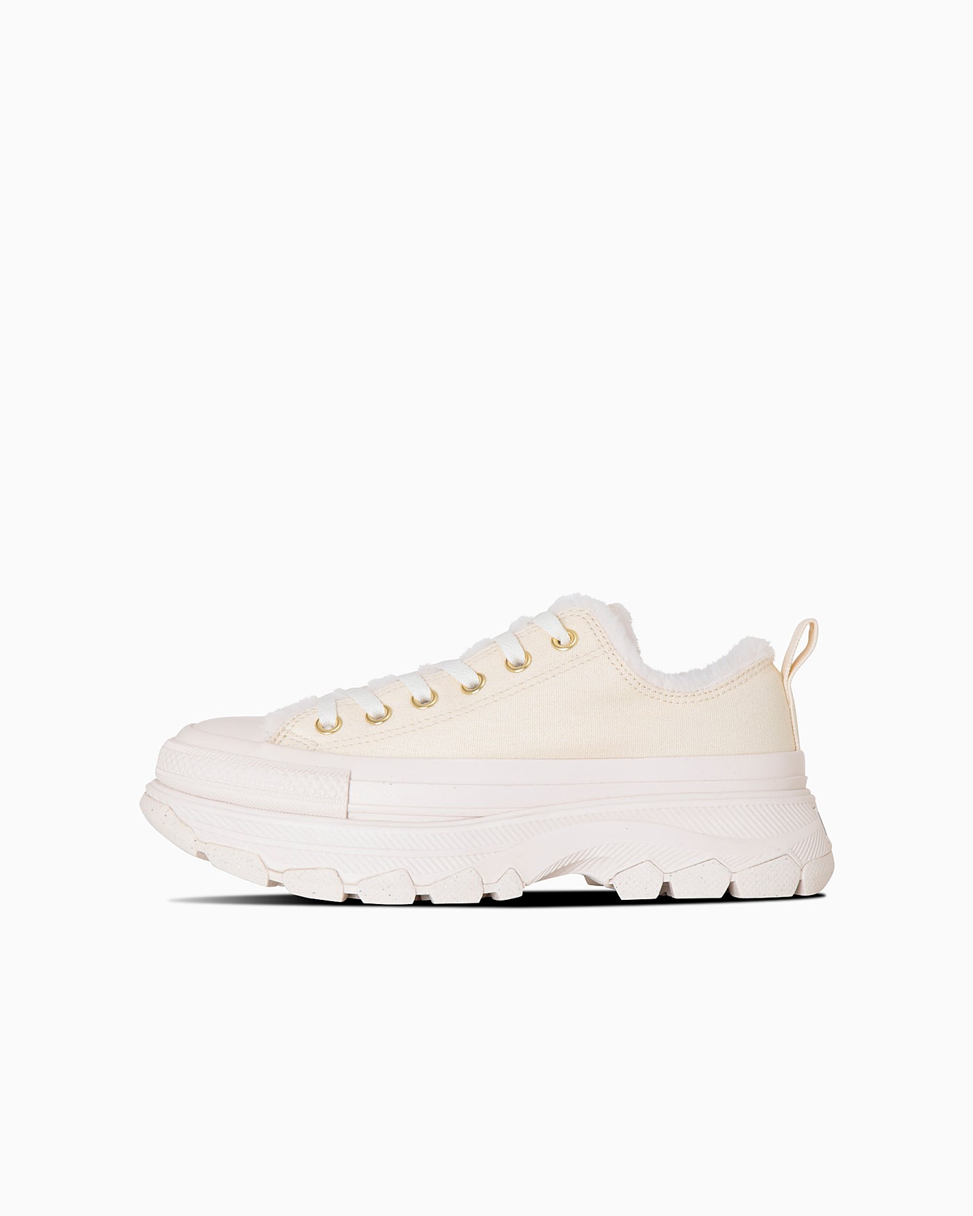 White thick-soled sneakers with boa